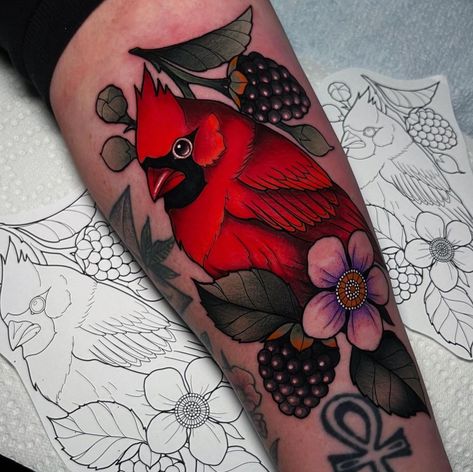 Neo Traditional Cardinal Tattoo, Neotraditional Cardinal, Cardinal Bird Tattoos, Fruit Tattoos, General Tattoo, Cardinal Tattoo, Cardinal Tattoos, Traditional Flowers, Cardinal Painting