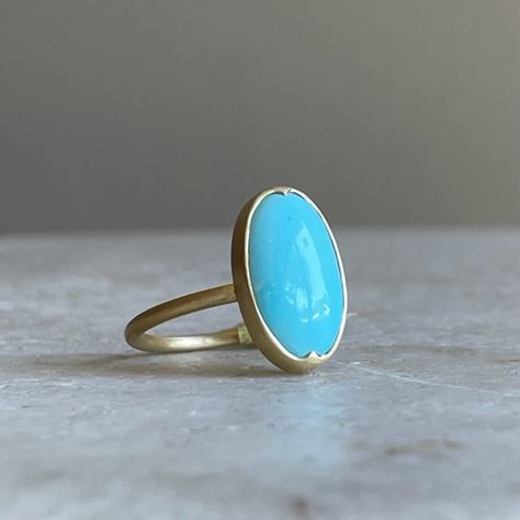 18k & Elongated Oval Persian Turquoise Ring by Gabriella Kiss #gabriellakiss #futureheirlooms #augustla Fine Jewelry Turquoise Ring With Oval Cabochon, Silver Oval Turquoise Ring Fine Jewelry, Fine Jewelry Turquoise Oval Cabochon, Persian Turquoise Ring, Luxury Turquoise Gemstone Ring, Oval Cabochon, Persian Turquoise, Human Condition, Silver Jewelry Handmade, Turquoise Ring