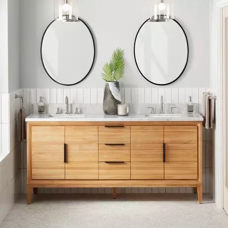 72" Aliso Teak Double Vanity with Rectangular Undermount Sink - Natural Teak, 72 Inch Bathroom Vanity, Teak Bathroom Vanity, Teak Bathroom, Teak Vanity, Single Basin Sink, Granite Vanity Tops, Teak Mirror, Quartz Vanity Tops, Soft Close Drawer Slides