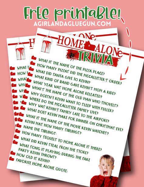 Home alone free printable trivia! A Home Alone-Themed Christmas Party is the best kind of party to throw this Holiday season! I'll show you how to decorate, what to eat, and games to play! Home Alone Trivia, Themed Christmas Party, Home Alone Movie, Home Alone Christmas, Christmas Movie Night, Movie Themed Party, Cookie Decorating Party, Classic Christmas Movies, Christmas Party Themes