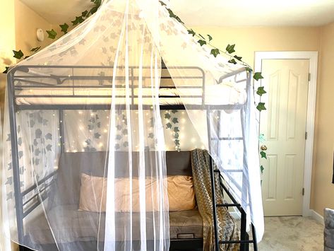 Cottagecore loft bed Canopy On Loft Bed, Cottagecore Loft Bedroom, Cottage Core Loft Bed, Cottagecore Loft Bed, Aesthetic Room Loft Bed, Korean Loft Bed, Aesthetic Room Storage, Aesthetic Loft Bed, Loft Bed Ideas Aesthetic