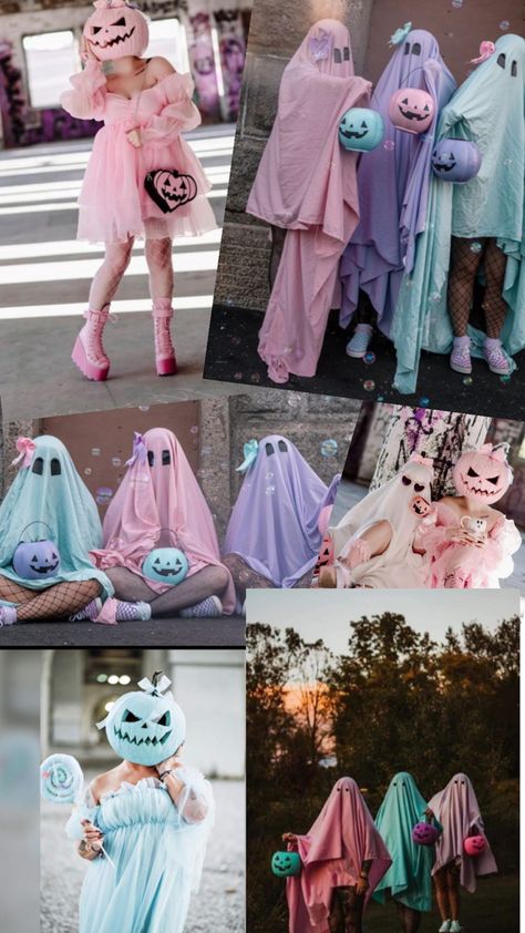 Pumpkin Ghost Costume, Pastel Halloween Costume Ideas, Ghost Bff Photoshoot, Pastel Halloween Photoshoot, Girly Ghost Photoshoot, Pastel Ghost Photoshoot, Mommy And Me Halloween Photo Shoot, Ghost Friends Photoshoot, Extra Halloween Costumes