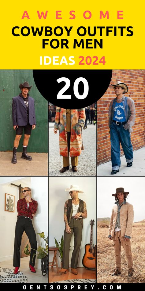 Elevate your look with the top 20 cowboy outfits for men in 2024, featuring a mix of modern and classic western styles. From fancy black outfits to casual country ensembles, these outfits are perfect for various occasions. Whether you're attending a Mexican-themed party or a summer event, these outfits will make you stand out. Explore the best cowboy outfits for men and find your perfect style! Cowboy Style For Men Outfits, Modern Cowboy Outfit For Men, Summer Cowboy Outfit Men, Cowboy Outfits For Men, Cowboy Style For Men, Modern Western Men’s Fashion, Men’s Western Aesthetic, Men’s Outfit With Cowboy Boots, Outfits For Concerts