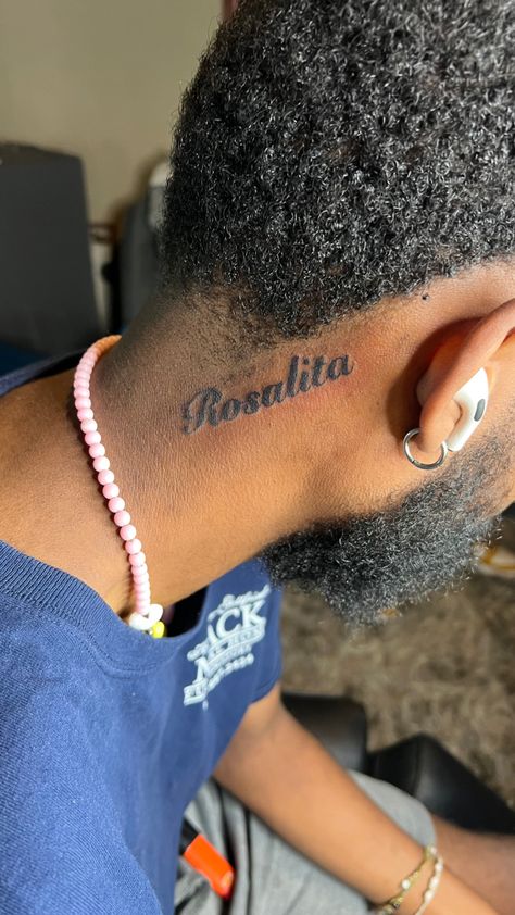 Name Tattoos On Neck Men, Name Tatted On Neck, Neck Tattoo For Guys Name, Tattoo Name On Neck, Name Tattoos Behind Ear Men, Name Back Tattoos For Men, Man Name Tattoo, Neck Tattoos For Men Words, Boy Name Tattoos For Women