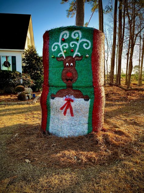 Christmas Decorations With Hay Bales, Reindeer Hay Bale, Christmas Hay Bale Art, Christmas Hay Bale Decor, Christmas Hay Bales, Christmas Hay Bale, Hay Bale Art Round, Hay Bale Fall Decor, Hay Bale Fall