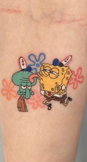 55 SpongeBob Tattoos For SpongeBob SquarePants Fans - Tattoo Me Now Spongebob Tattoo Ideas Friends, Spongebob And Squidward Tattoo, Spongebob Sky Tattoo, Sandy Cheeks Tattoo, Spongebob Sibling Tattoo, Spongebob Squarepants Tattoo, Spongebob Friend Tattoos, Spongebob And Patrick Matching Tattoos, 3d Balayage