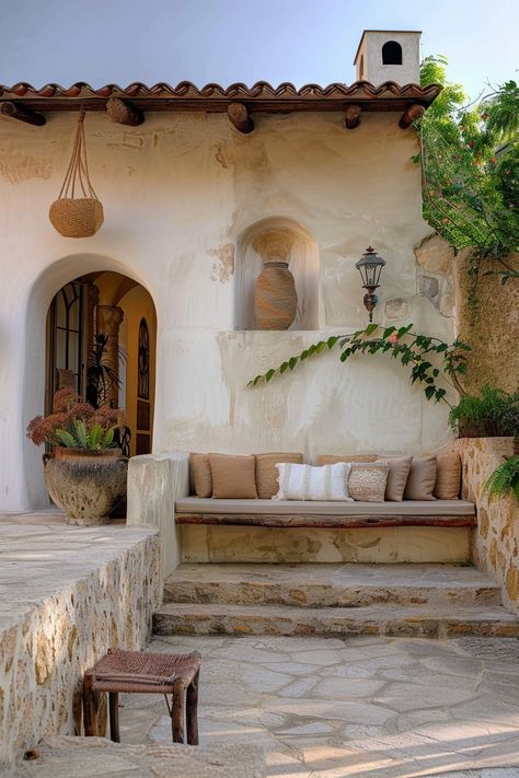 Tour Mediterranean homes that incorporate sculptural elements with natural landscapes, where art meets earth in daily living. 🏡🎨 Enjoy sculptural naturalism. Italian Inspired Home Exterior, Rustic Mediterranean Farmhouse Exterior, Mediterranean Outdoor Patio, Old Mediterranean Architecture, Small Stone House Mediterranean, Mediterranean Vacation Home, Tuscan Kitchen Design, Mediterranean Homes Exterior, House Of The Rising Sun