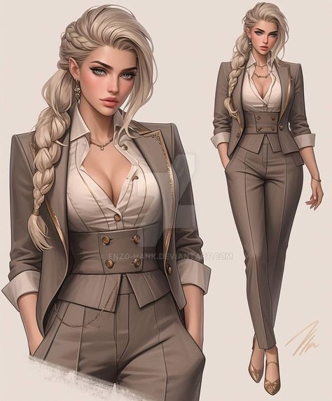 Suits For Women Aesthetic, Business Woman Character Design, Female Boss Outfit, Woman In Suit Art, Female Oc Drawing, Fashion Illustration Poses, Female Character Concept, Clothing Design Sketches, Dress Design Sketches