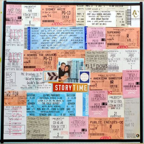 My Analog Life: Scrapbook Basics- Movie ticket and Broadway show stub page Ticket Scrapbook, Boyfriend Notebook, Engagement Scrapbook, Analog Life, Couples Scrapbook, Movie Ticket Stubs, Couple Scrapbook, Anniversary Scrapbook, Movie Ticket