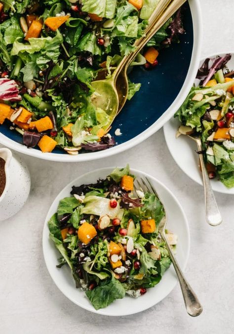 Thanksgiving Salad with Orange Cinnamon Vinaigrette - Kim's Cravings Cinnamon Vinaigrette, Butternut Squash Pomegranate, Salad With Roasted Butternut Squash, Vibrant Salad, Thanksgiving Salad Recipes, Thanksgiving Salad, Butternut Squash Salad, Salad Mixed Greens, Gorgonzola Cheese