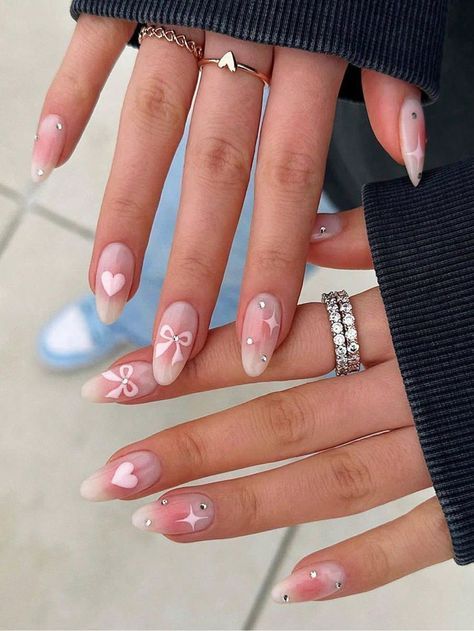 Aesthetic Nails Coquette, Cute Nail Designs Coquette, Simply Nail Design, Coquette Nail Inspo Almond, Simply Nails Ideas, Nails Ideas Coquette, Coquette Almond Nails, Coquette Nails Almond, Nail Ideas Coquette