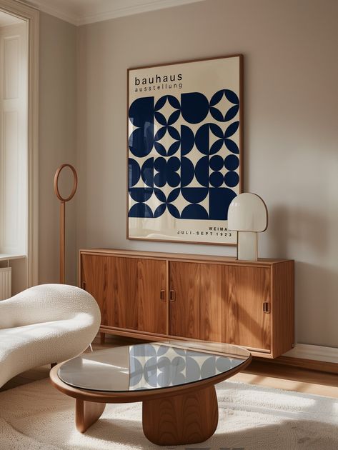 This navy blue geometric Bauhaus print is a perfect blend of modern and bold design. With its striking bauhaus style and eye-catching design, this product will add a touch of mid century modern to any space. Expertly crafted, this piece will bring a unique and contemporary look to your home. Modern Posters Design, Art Deco Modern Interior, Mid Century Japandi, Bauhaus Interior Design, Copenhagen Interior, Copenhagen Architecture, Mid Century Modern Apartment, Bauhaus Interior, Interior Poster