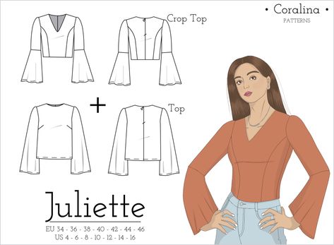 Sewing Bell Sleeve Top, Bell Sleeve Shirt Sewing Pattern, Diy Flare Sleeves, Long Sleeve Wrap Top Pattern, Fitted Top Sewing Pattern, Sewing Patterns Long Sleeve Tops, Long Sleeve Pattern Sewing, Trumpet Sleeve Pattern, Bell Sleeve Blouse Pattern