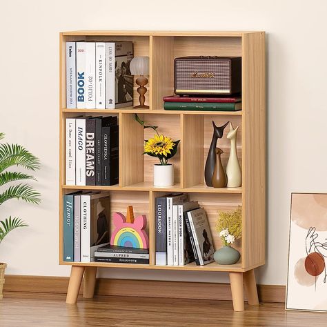 LEYAOYAO Wooden 7 Cube Book Shelf, Natural 3 Tier Bookshelf with Legs, Modern Open Storage Organizer,Boho Bookcase,Display Cabinet Shelf Free Standing Bookshelves for Bedroom,Living Room,Office. #AD Boho Bookcase, Cube Book Shelf, Standing Bookshelves, 3 Tier Bookshelf, Bookshelves Storage, Cube Bookshelf, Standing Bookshelf, Small Bedroom Organization, 3 Shelf Bookcase