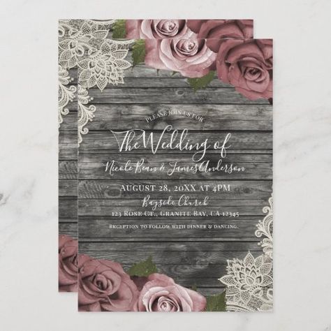 Dusty Pink Roses Grey Rustic Wood Lace Wedding Invitation #zazzle #weddinginvitations #birthdayinvitations #babyshowerinvitations #zazzleinvitations #monogram #businesscards #graduation #homedecor Dusty Rose Wedding Theme, Dusty Pink Roses, Rose Wedding Theme, Teal Wedding Invitations, Mauve Wedding, Engagement Card, Dusty Rose Wedding, Bridal Shower Cards, Lace Wedding Invitations