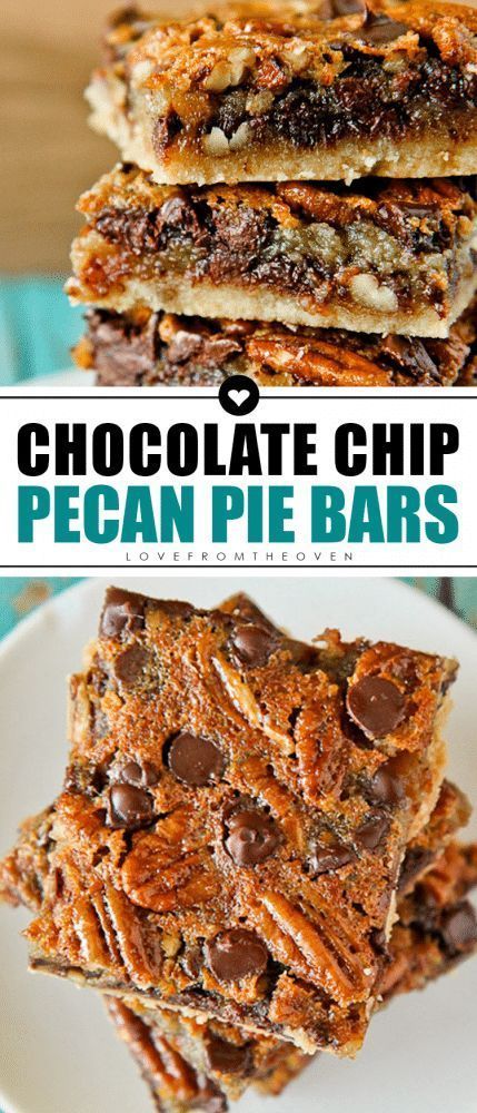 Chocolate Chip Pecan Pie Bars #pecanpie #chocolate #bar #dessert #holiday #lovefromtheoven Pecan Chocolate Pie, Chocolate Chip Pecan Pie, Thanksgiving Desserts Pie, Chocolate Pecan Pie Bars, Pecan Pie Bars Easy, Pecan Pie Bars Recipe, Dessert Holiday, Thanksgiving Desserts Kids, Pecan Chocolate