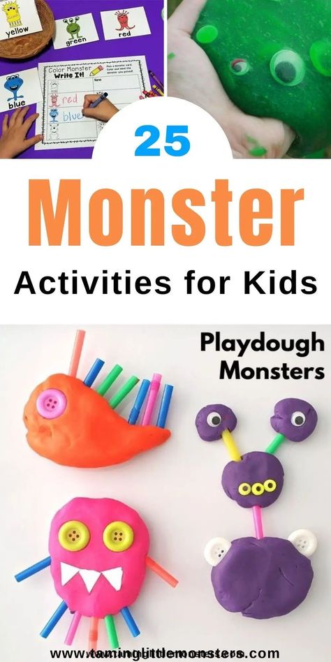 25 Fun Monster Activities for Kids. Monster themed crafts and play ideas for toddlers, preschoolers and kindergarteners. Perfect for Halloween and the spooky season. #halloween #artsandcrafts #playideas #toddler #preschool #kindergarten Monster Activities For Kids, Play Ideas For Toddlers, Monster Activities, Monster Craft, Kids Craft Room, Fall Preschool Activities, Monster Theme, Fall Preschool, Ideas For Halloween