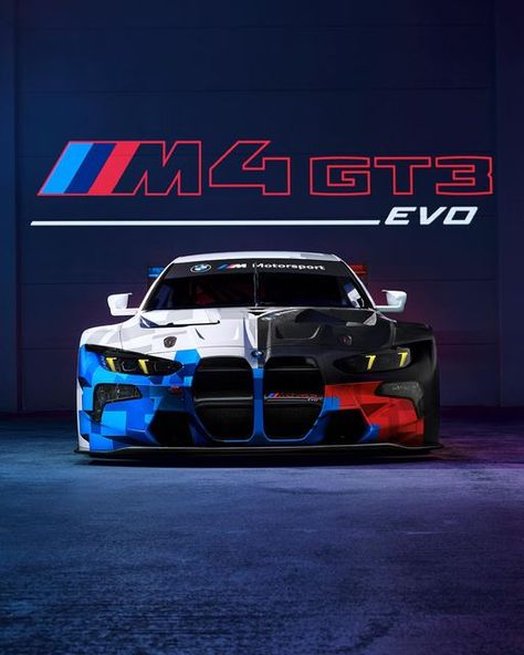 BMW M Motorsport 🏆 on Instagram: "Get up close and personal with the BMW M4 GT3 EVO in these stunning shots. Pure fire!  Curious about the design? The BMW M4 GT3 EVO features the „Inception“ look – a bold, high-contrast mosaic in M colors.  Curious about the EVO package? From the outside, changes to the chassis are noticeable. Instead of traditional paint, it’s coated with a significantly lighter cathodic dip coating.  Smaller aero mirrors, larger air outlets on the front wheel arches, and an altered adjustment range of the rear wing provide more aerodynamic efficiency.  New anti-roll bars on the front and rear axles, larger rear brake discs, and a much finer and easier-to-adjust differential ensure less tire and brake wear, resulting in better and more consistent drivability.  The headli Bmw M4 Gt3 Evo, Bmw M4 Gt3, Bmw Art, Bmw Motors, Cars Brand, Bmw Wallpapers, Traditional Paint, Gt Cars, Car Inspiration