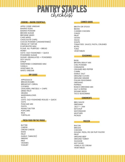 A FREE Pantry Staples Checklist to help you know what to try and keep on hand in the pantry for cooking and baking. Also, information about how long this food lasts in the pantry! Pantry And Fridge Essentials, Food Staples To Have, Kitchen Food Staples, Fridge Must Haves Food Grocery Lists, Staples To Have In Your Pantry, Budget Pantry Staples, Must Have Pantry Items, Pantry Must Haves Staples, House Hold Essentials List