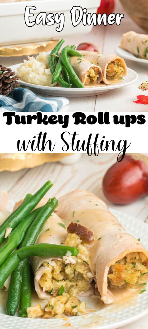 Turkey stuffing roll-ups with gravy are a quick and easy turkey roll recipe that is comforting and great for busy weeknight dinners! You get all the flavors of your favorite comfort foods all in one easy turkey casserole. No fuss, easy prep, and kid-approved. #turkey #dinner #ideas #stuffing #leftovers #comfortfood #easy Stuffing Roll Ups, Turkey Dinner Ideas, Stuffing Leftovers, Deli Turkey Recipes, Turkey Roll, Easy Supper Recipes, Turkey And Stuffing, Turkey Roll Ups, Turkey Wraps