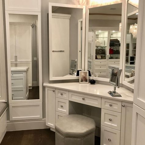 Closet With Vanity, Built In Makeup Vanity, Built In Vanity, Bathroom With Makeup Vanity, Closet Vanity, Dressing Room Closet, Closet And Bathroom, Purse Collection, Build A Closet