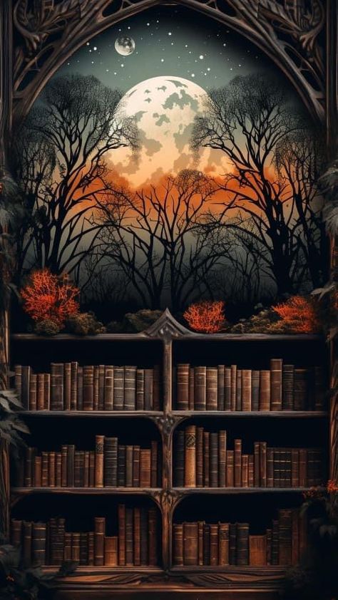 Fall And Books Wallpaper, Spooky Book Wallpaper, Booktok Iphone Wallpaper, Halloween Bookshelf Wallpaper, Halloween Reading Aesthetic, Iphone Shelves Wallpaper, Fall Books Wallpaper, Fall Bookish Wallpaper, Practical Magic Wallpaper Iphone