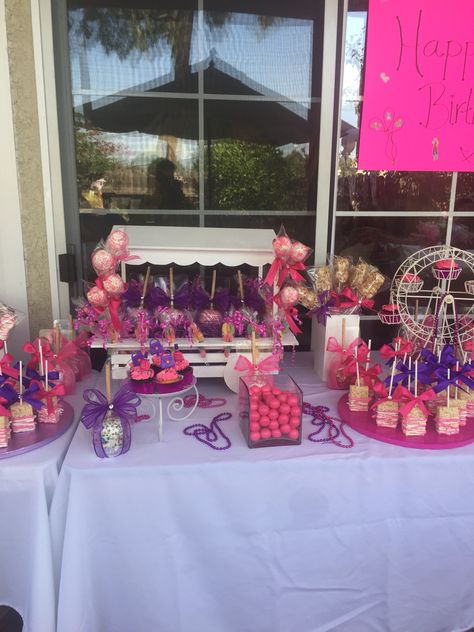 Pink and purple treats Pink And Purple Snack Table, Pink And Purple 18th Birthday Party, Pink And Purple Barbie Party, Purple Party Decorations Diy, Bratz Baby Shower Ideas, Purple Treats, Baby Bratz, Sweets Table Ideas, Pink Dessert Tables