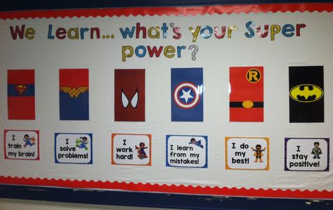 Super Hero Bulletin Boards Elementary, Super Hero Bulletin Board Ideas, Batman Classroom, Hero Bulletin Board, Posters For Kindergarten, Superhero School Theme, Superhero Bulletin Boards, Superhero Classroom Decorations, Superhero Class