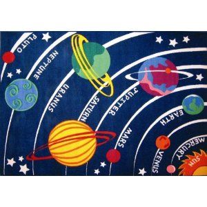 Fun Time Solar System Accent Rug (Blue) (0.5"H x 63"W x 90"D). The Fun Time Solar System Accent Rug by LA Rug is the perfect accent rug to enhance your child's room - it's great as a playmat, too! This rug is made of 100% woven nylon, and has a non-slip latex backing. A great mat for decorating a room - or place it under a play table or craft space to protect your flooring, while keeping a whimsical look that kids will love. This rug is a great way to make your child feel special! They'll love Solar System Classroom, Solar System Size, Solar System For Kids, Sistem Solar, Space Themed Bedroom, Classroom Rug, Kids Area Rugs, Boys Rooms, Sistema Solar