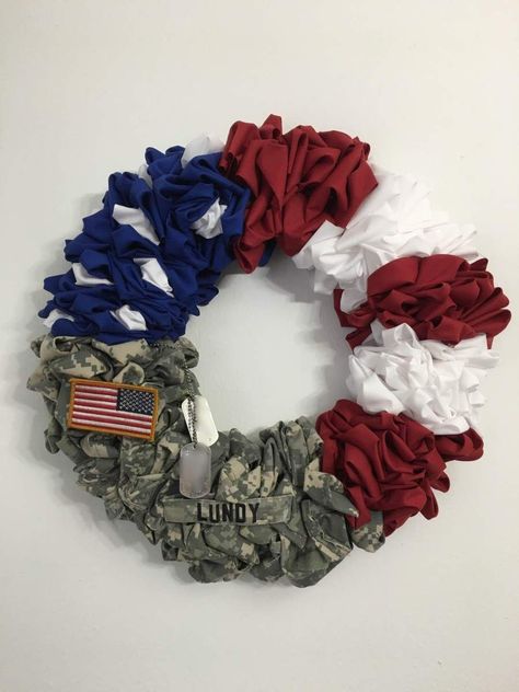 I have been wanting to make a military wreath for a while, I can’t remember where I saw one at but I thought it was so cool that I wanted to make my own. Since the Army upgraded to OCP unifor… Army Wreath, Military Crafts, Army Crafts, Military Wreath, American Flag Wreath, Flag Wreath, Patriotic Crafts, Patriotic Wreath, To Infinity And Beyond