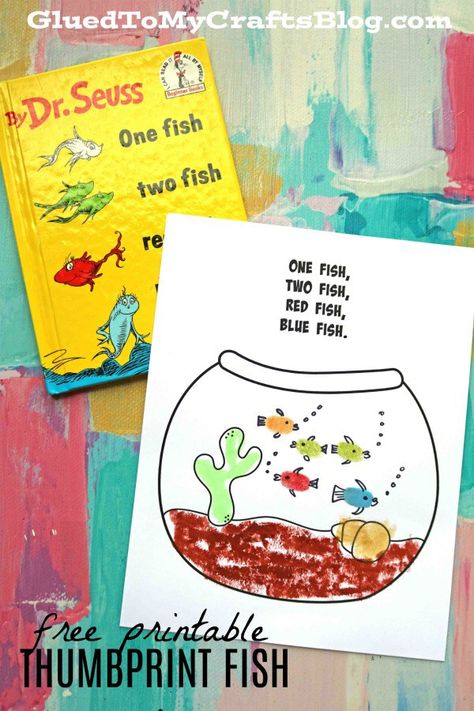 One Fish, Two Fish - Dr Seuss Thumbprint Fishbowl Kid Craft w/free printable template #kidcraft #gluedtomycrafts Fishbowl Template Free Printable, Dr Seuss Abc Book Activities, One Fish Two Fish Activities Preschool, One Fish Two Fish Craft, 1 Fish 2 Fish, Thumbprint Crafts, Dr Seuss Classroom, Dr Seuss Activities, Dr Seuss Crafts