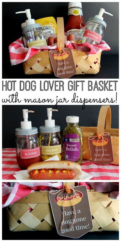 Hot dog lover gift basket idea - with mason jars! Perfect as a gift for those on your list! Dog Lover Gift Basket, Dog Gift Basket, Mason Jar Dispenser, Dog Themed Gifts, Diy Gift Baskets, Diy Father's Day Gifts, Diy Fairy, Themed Gifts, Jar Gifts