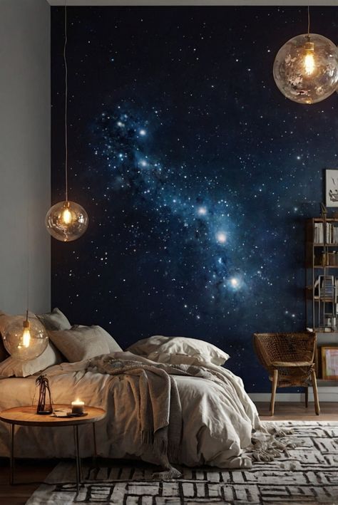 bedroom lighting, ceiling lights, bedside lamps, floor lamps Galaxy Bedroom Ideas, Space Themed Bedroom Aesthetic, Coastal Boho Living Room, Gaming Nook, Galaxy Bedroom, Best Color Schemes, Space Themed Bedroom, Productive Work, Popular Paint Colors