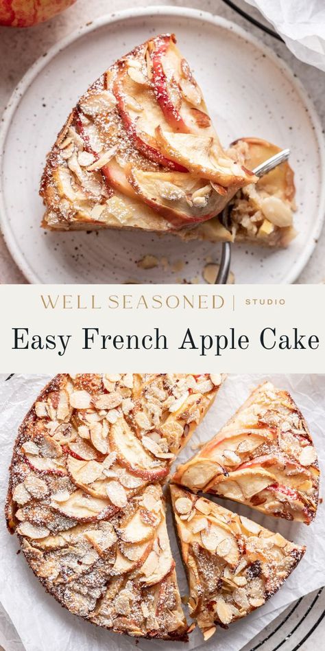 I never tire of ways to bake with apples during the fall, and this French Apple Almond Cake is my newest go-to. It's got a delicate, tender texture with crisp edges and sweet, tart apple flavor. Enjoy with powdered sugar, ice cream, whipped cream, or crème fraîche! #wellseasonedstudio #almondcake #applecake #frenchcake French Apple Cake With Almonds, Fall Ice Cream Cake, Apple Almond Cake Recipe, French Apple Almond Cake, Apple Almond Tart Recipe, French Apple Cake Recipe Easy, Bake With Apples, French Almond Cake, French Apple Cake Recipe