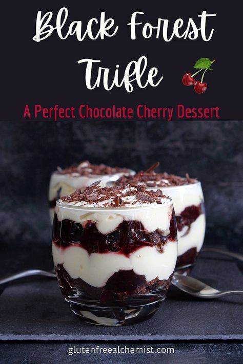 Black Forest Trifle Christmas, Black Forest Cake Trifle, Cherry Pudding Dessert, Blackforest Trifle, Black Forest Trifle Desserts, Cherry Trifle Recipes, Mascarpone Custard, Forest Desserts, Black Forest Trifle Recipe