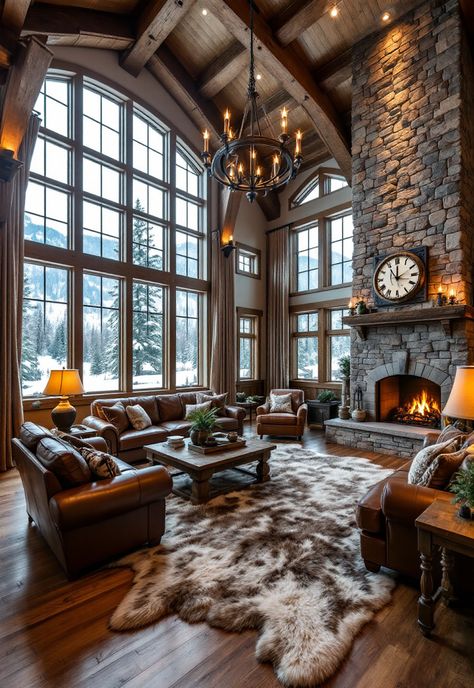 Rustic Living Room Montana Inspired Living Room, Grand Fireplace Ideas Living Rooms, Cozy Cabin Living Room Ideas, Winter Lodge Interior, Rustic Family Rooms, Lodge Living Room Ideas, Mountain Lodge Living Room, Big Stone Fireplace, Modern Lodge Decor