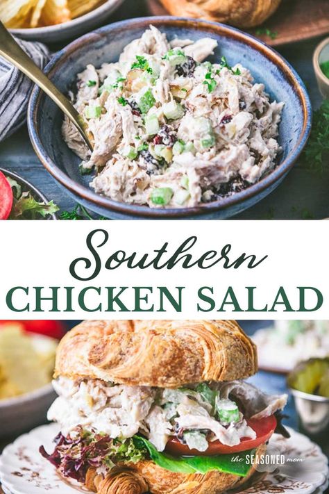 A simple Southern chicken salad recipe that's loaded with tender meat, sweet cranberries (or juicy grapes), celery, and almonds in a mayonnaise-based dressing. You just can't beat a classic. Serve the old-fashioned dish on its own with cornbread, coleslaw, or crackers; or pile it high on a sandwich with a side of potato chips and pickles!