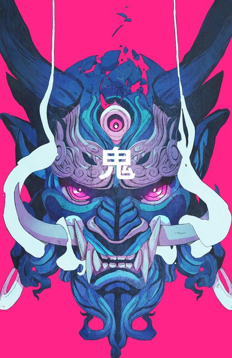 blue and gray oni mask digital wallpaper #mask #demon #samurai Chun Lo #720P #wallpaper #hdwallpaper #desktop Chun Lo, Oni Mask, Mask, Pink