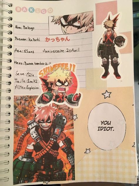 Bakugou Doodle, Mha Crafts, Mha Doodles, Bakugou Aesthetic, Anime Scrapbook, Anime Crafts Diy, Bahasa Jepun, Anime Journal, Bullet Journal Cover Ideas