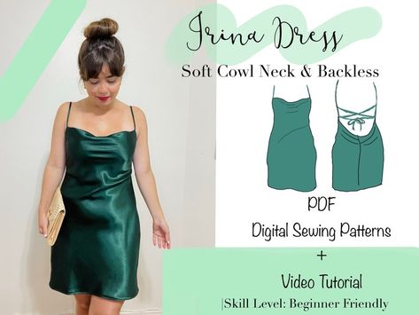 Cowl Neck Dress Pattern Low Back PDF Sewing Pattern Woman | Etsy Australia Cowl Back Dress Pattern, Cowl Neck Dress Pattern, Mini Satin Dress, Sewing Pattern Women Dress, Cowl Back Dress, Pattern Grading, Cowl Dress, Top Sewing, Cowl Neck Dress