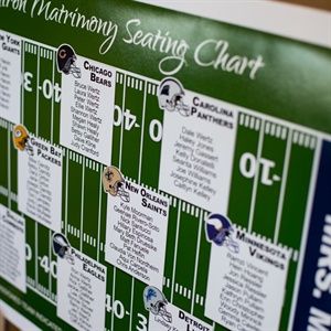 Football Field-Inspired Seating Assignments Football Wedding Theme, Wedding Couple Table, Bar Mitzvah Themes, Sports Themed Wedding, Football Wedding, Reception Seating Chart, Wedding Party Photography, Baseball Wedding, Diy Seating