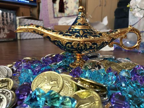 Aladdin themed wedding party decorations  genie lamp with coins and gems Genie Theme Party, Aladdin Quinceanera Theme, Aladdin Decorations, Aladdin Themed Wedding, Aladdin Wedding Theme, Arabian Nights Prom, Arabian Nights Wedding, Aladdin Theme, Aladdin Wedding