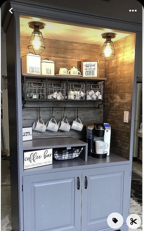 Wardrobe Turned Into Coffee Bar, China Cabinet Redo Coffee Stations, Coffee Bar Made From Hutch, China Hutch Coffee Bar, Coffee Station Hutch, Hutch Coffee Bar Ideas, Coffee Bar From Hutch, Coffee Bar Bookshelf, Hutch Makeover Coffee Bar