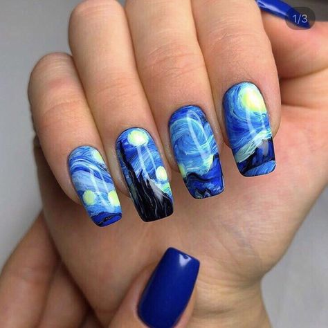 Starry Night Nails Van Gogh, Starry Night Nail Art, Van Gogh Nail Art, Van Gogh Nails, Starry Night Nails, Colored French Nails, Small Nails, Arte Van Gogh, Cute Nail Art Designs