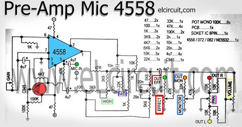 Mic pre-amp circuit using ic 4558 is a series of mic amplifier based on ic 4558 and also could use other op-amp ic ie TL072 / TL082 / NE5532. And a transistor C945 as a buffer circuit and other components of resistors and capacitors. See circuit schematic of mic pre amplifier : Microphone Preamp, Circuit Board Design, Diy Amplifier, Subwoofer Amplifier, Electronic Schematics, Pcb Design, Electronic Circuit Projects, Tone Control, Electronic Circuit