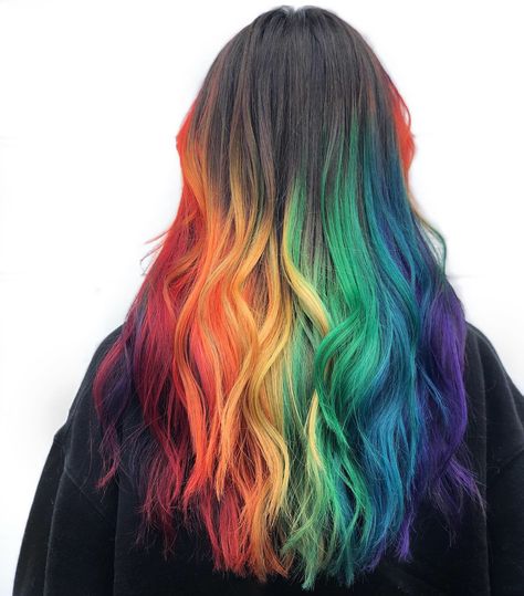 Rainbow Ombre Hair For Brunettes, Rainbow Hair With Dark Roots, Rainbow Roots Black Hair, Rainbow Dip Dye Hair, Rainbow Balayage Brunettes, Red And Rainbow Hair, Rainbow Ends Hair, Lesbian Hair Color, Rainbow Tips Hair