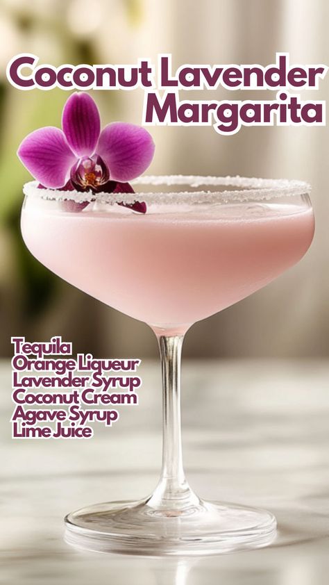 Coconut Lavender Margarita Lavender Margarita, Bartending Tips, Lavender Cocktail, Cocktail Drinks Alcoholic, Mixed Drinks Alcohol, Yummy Alcoholic Drinks, Best Cocktail Recipes, Classic Margarita, Boozy Drinks