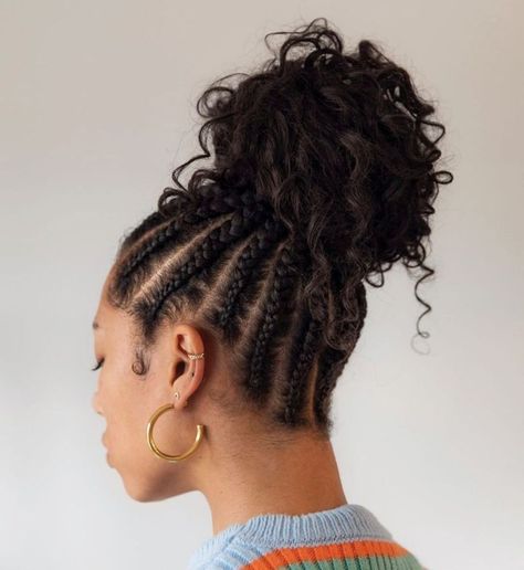 Scalp Braids to a Curly Bun Two Cornrow Braids, Half Cornrows, Latest Braided Hairstyles, Twist Cornrows, Scalp Braids, Cornrow Ponytail, Different Braids, Cornrow Braids, Braided Cornrow Hairstyles