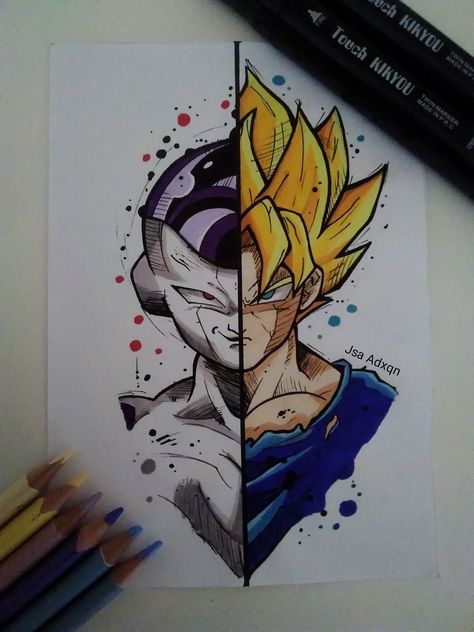 Goku Half Face, Goku Drawing Color, Goku Art Drawings, Graffiti Wild Style, Cool Wolf Drawings, Half Face Drawing, Goku Face, Wolf Drawings, Goku Art