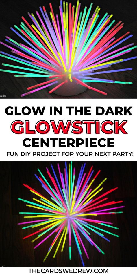 Glow Stick Trunk Or Treat, Glow In The Dark Candles, Glow Stick Chandelier, Glow Party Decorations Dollar Stores, Glow Stick Chandelier Diy, Neon Centerpieces Diy, Glow Party Entrance, Neon Light Table Centerpiece, Glow In The Dark Party Centerpieces